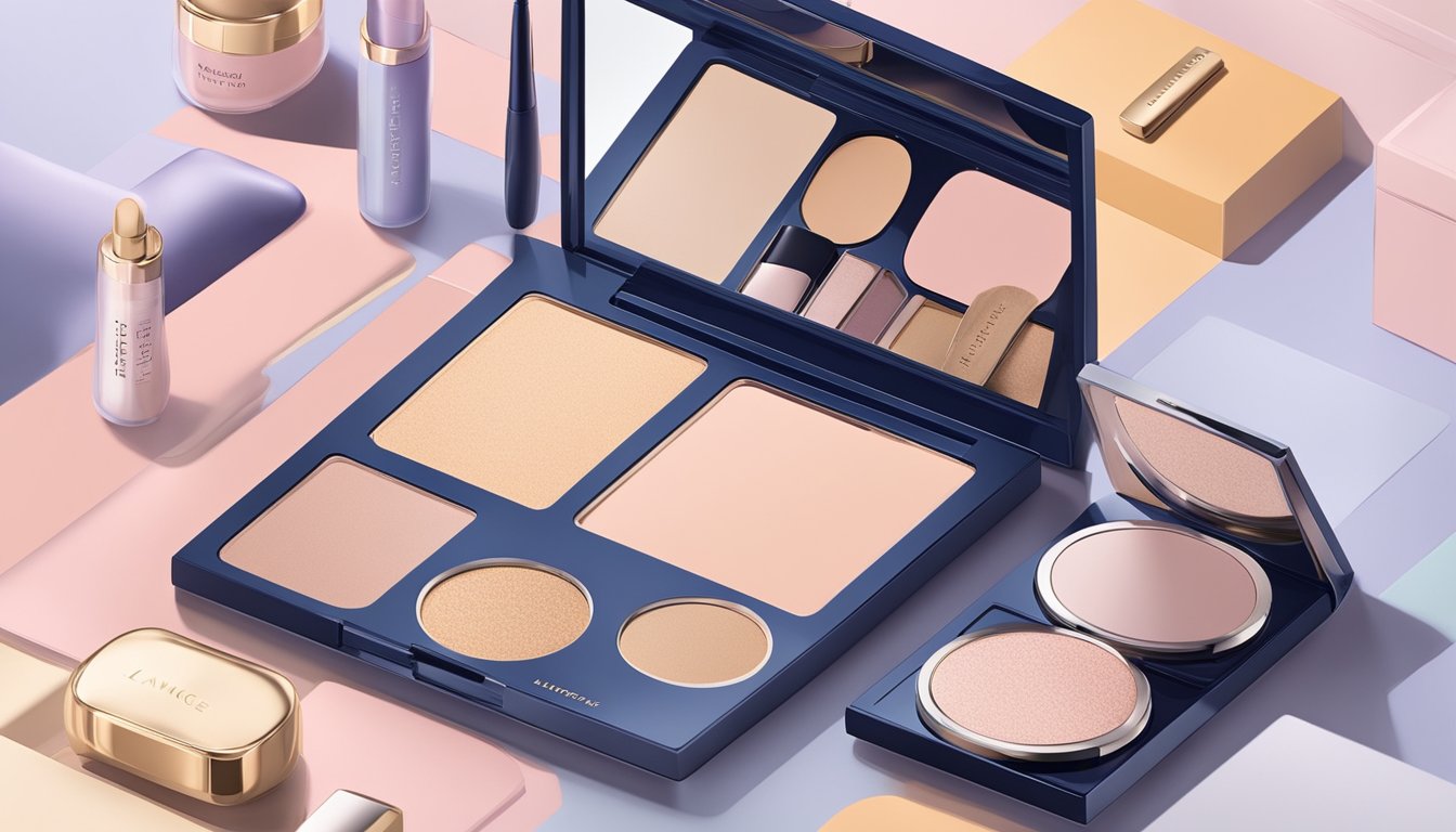 A sleek, modern makeup palette surrounded by soft, pastel-colored packaging. A mirror reflects the words "Elevate Your Beauty Routine with Laneige Makeup" in elegant script