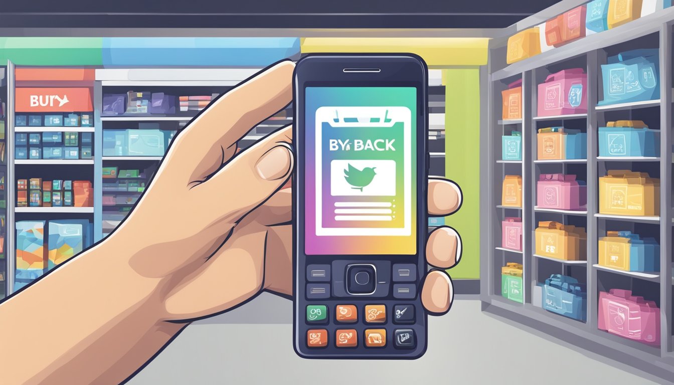 A hand holding a brand new smartphone with a "buy back" sign in a Singaporean electronic store