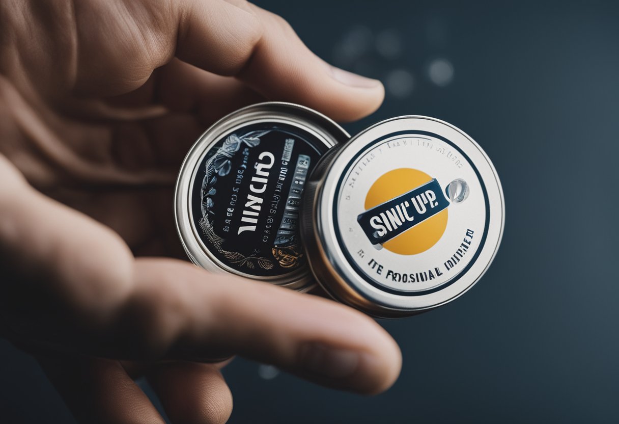 A hand reaches for a can of snus, opens it, and places a portion under the lip