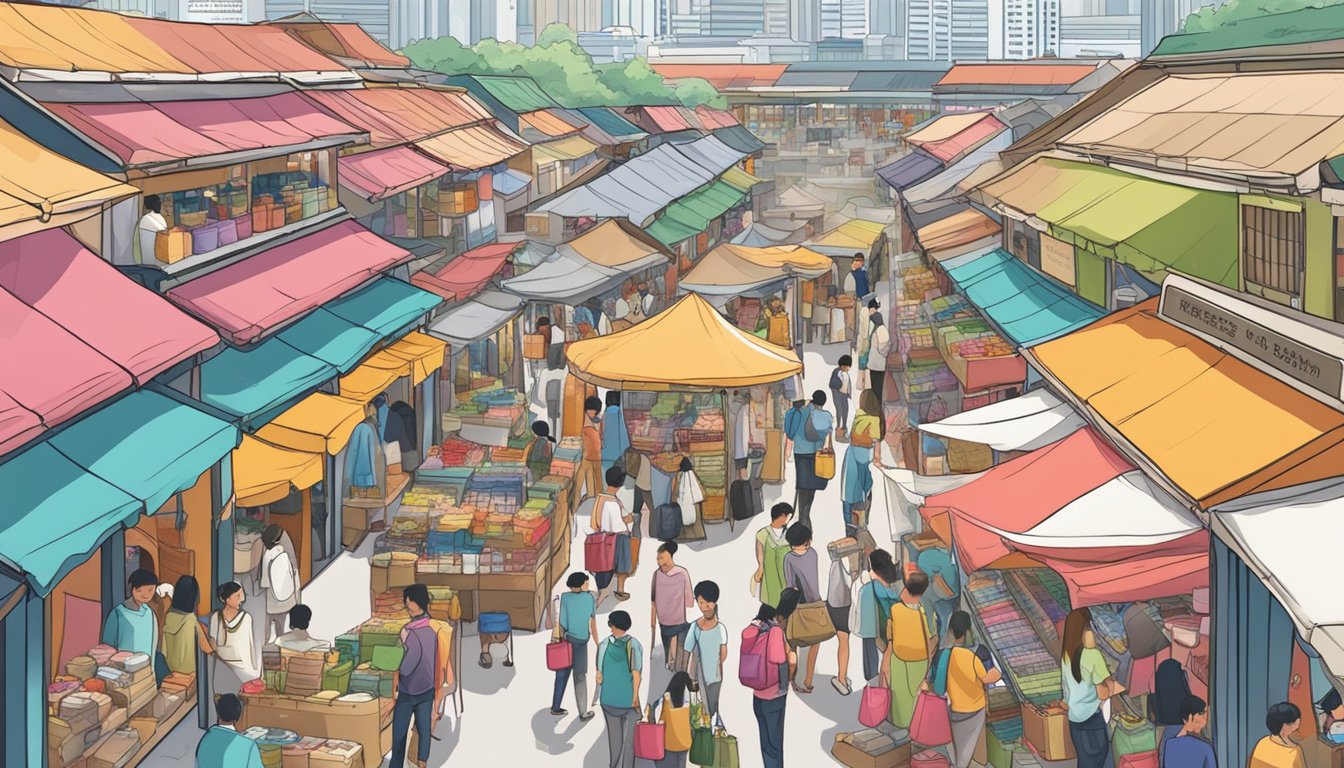 A bustling marketplace in Singapore, with colorful stalls selling toiletry bags. Customers browse the selection, while vendors call out their prices and features
