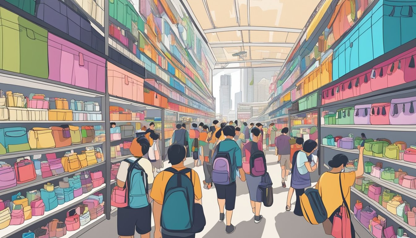 A busy marketplace in Singapore displays colorful toiletry bags. Shoppers browse through various stalls, examining the different sizes and designs available