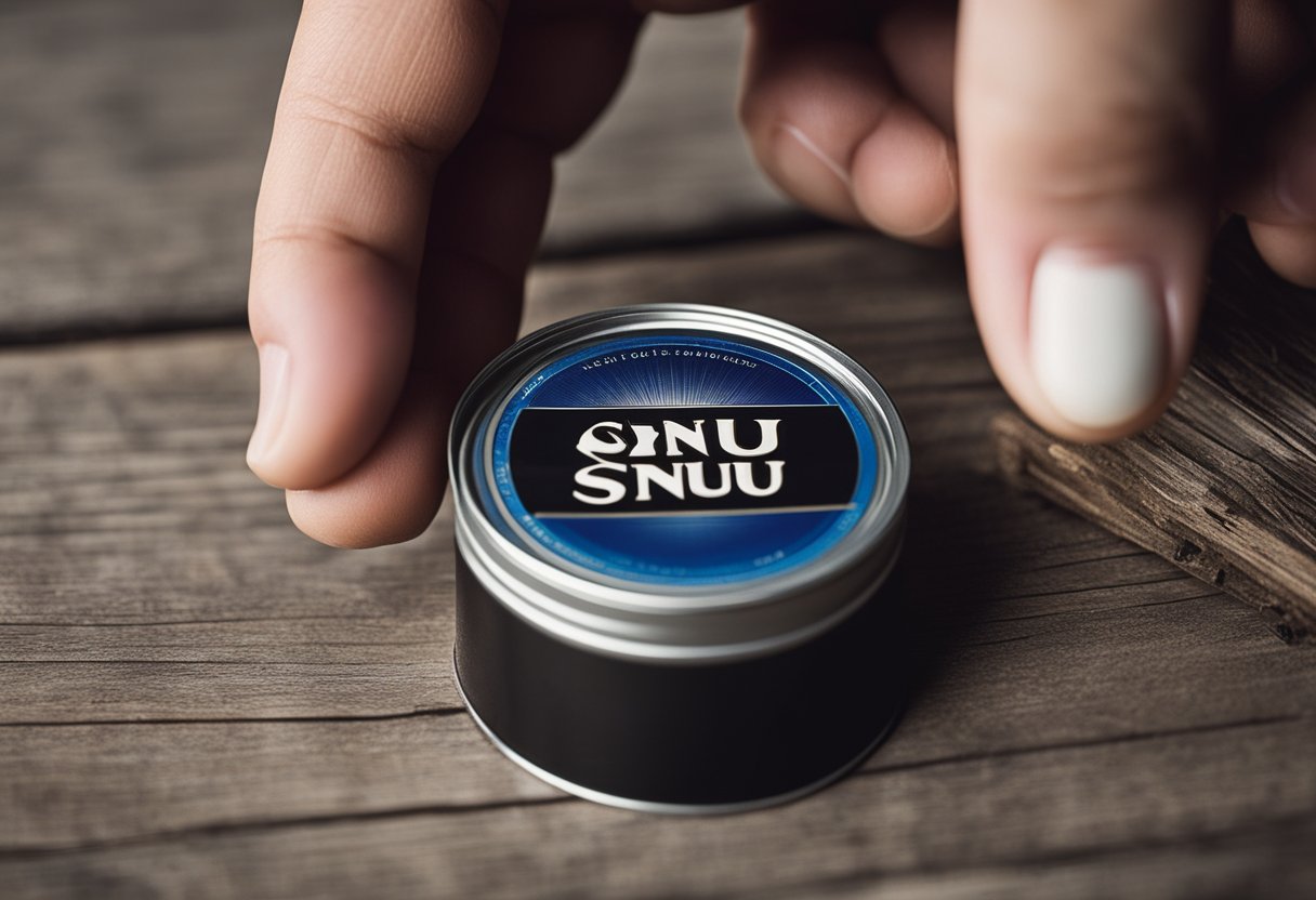A hand reaches for a can of snus, opens it, and places a portion under the upper lip