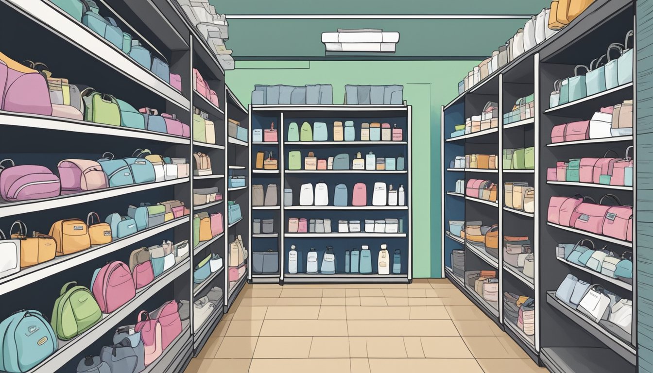 A variety of toiletry bags displayed on shelves in a store, with labels indicating different sizes and features. Customers browsing and comparing options