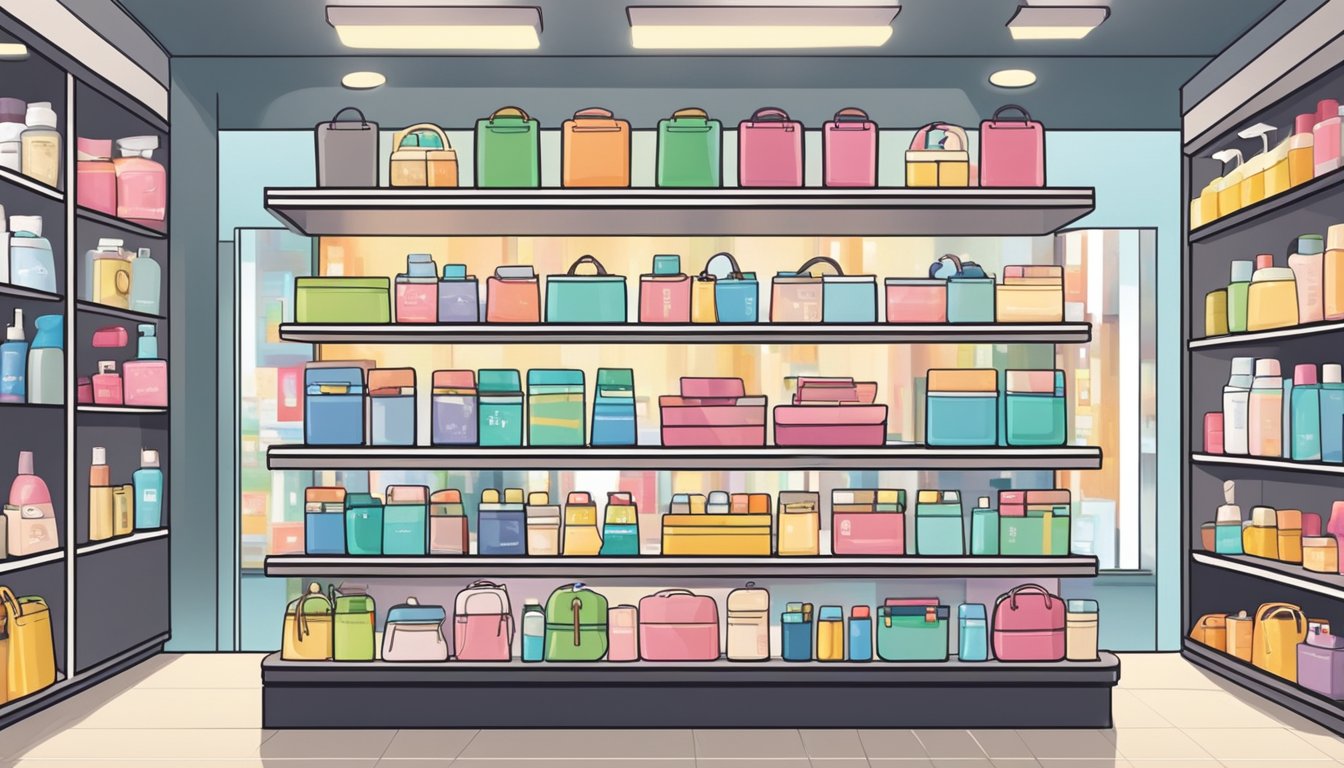 A toiletry bag displayed on a shelf in a Singapore store. Shoppers browsing nearby. Bright lighting and clean, organized display