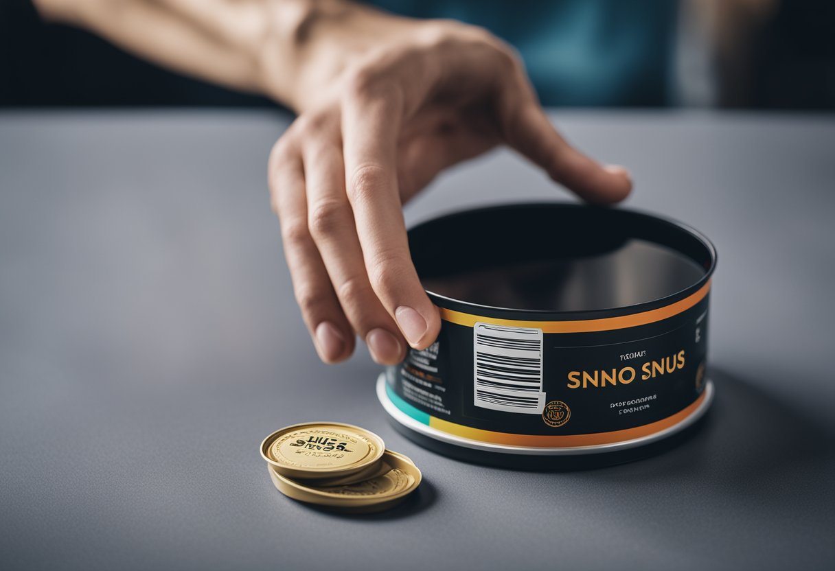 A hand reaching for a circular can of snus, with a bold and colorful label, sitting on a clean, modern surface