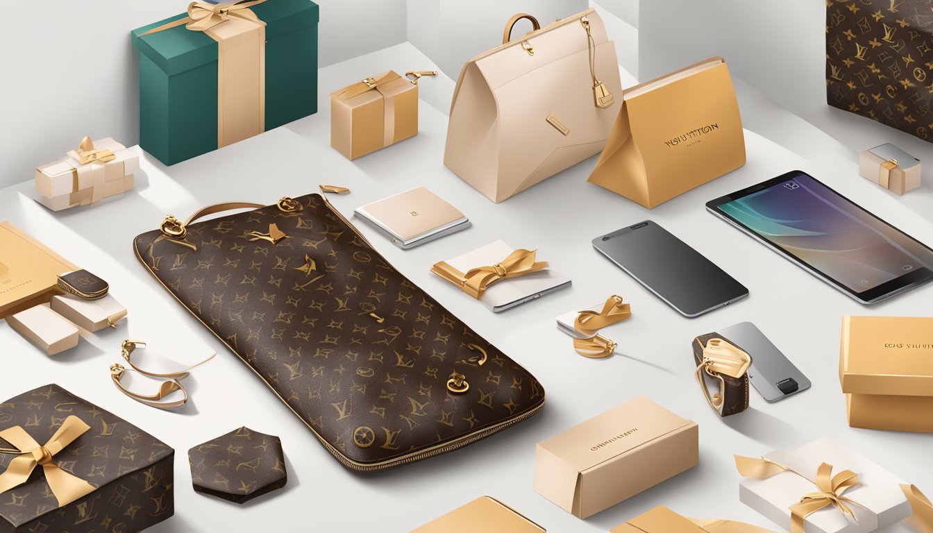 A luxurious Louis Vuitton Neverfull bag sits on a pristine white table, surrounded by elegant packaging and a sleek online shopping interface