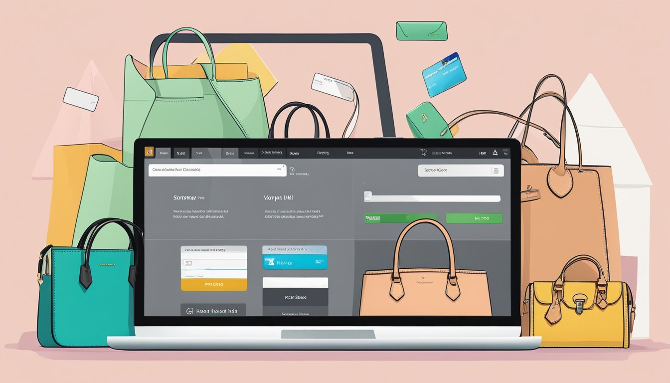 A computer screen displaying various options of LV Neverfull bags. Credit card and shipping address ready nearby