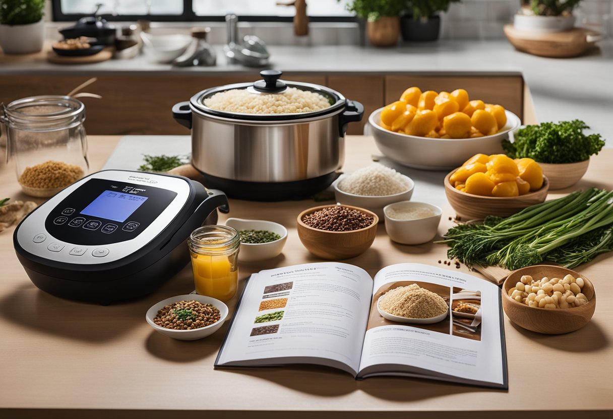 A kitchen counter with various ingredients and spices laid out, an open Instant Pot with steam rising, and a recipe book propped open to a page titled "Instant Pot Chinese Recipes."