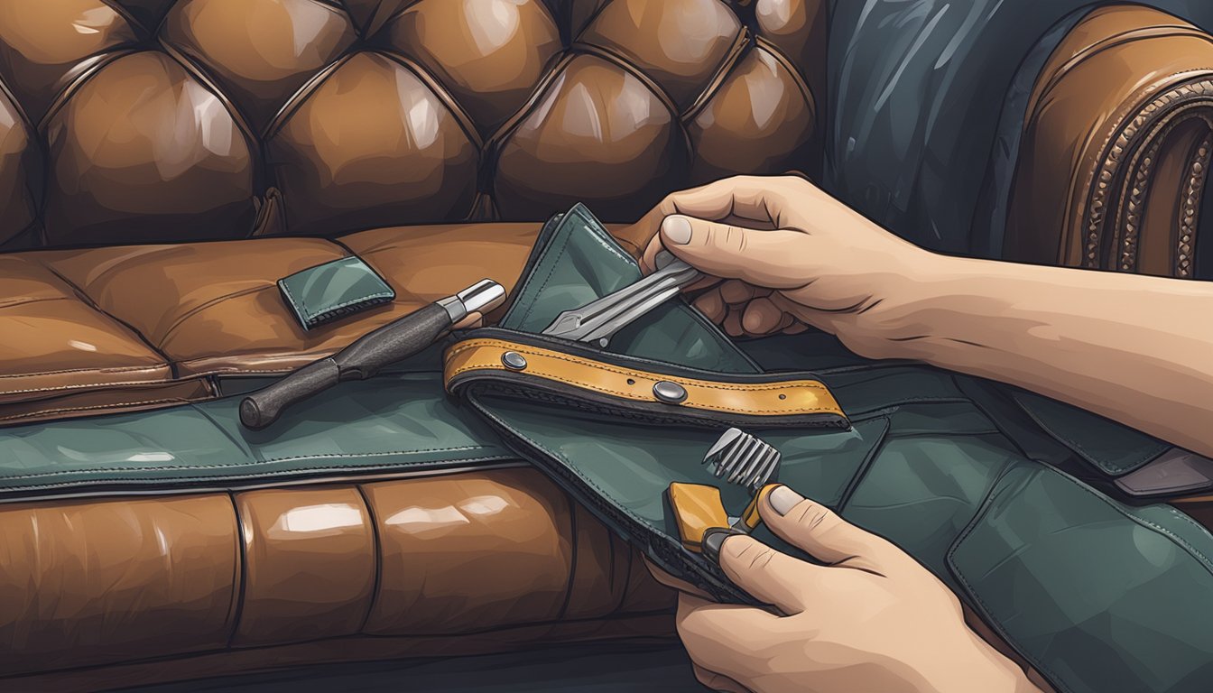 A hand holding a leather repair kit in front of a torn leather couch in Singapore