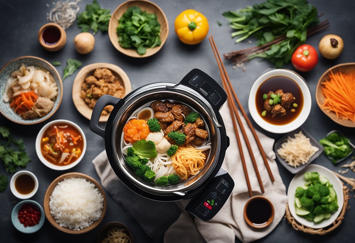 A steaming instant pot filled with traditional Chinese dishes, surrounded by colorful ingredients and a pair of chopsticks