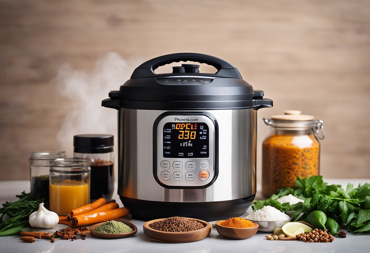 A steaming instant pot filled with aromatic Chinese ingredients, surrounded by colorful spices and cooking utensils