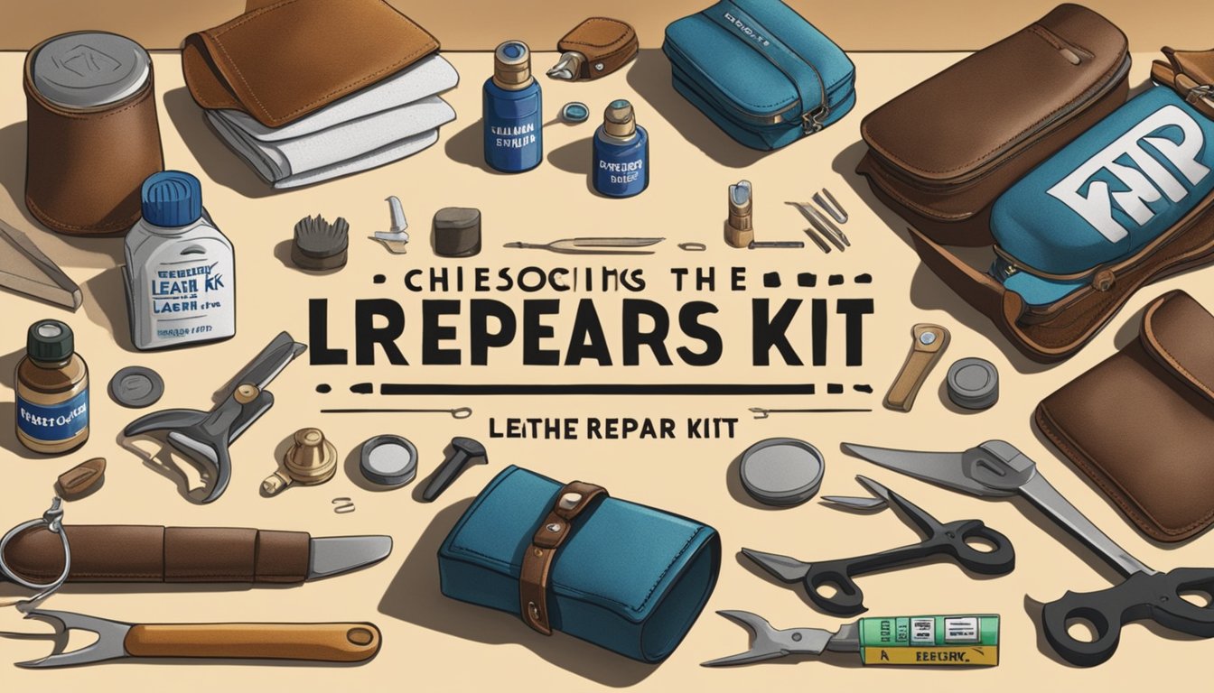 A hand reaches for a leather repair kit on a shelf, surrounded by various tools and materials. The kit's packaging prominently displays the words "Choosing the Right Leather Repair Kit" in bold lettering