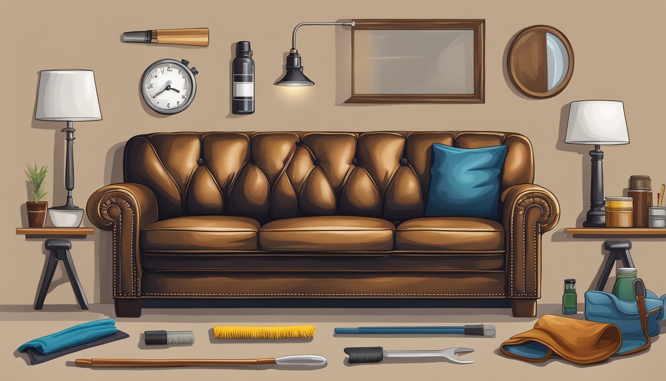 A worn leather sofa is being restored using a leather repair kit. The kit includes various tools and products for cleaning, repairing, and conditioning the leather
