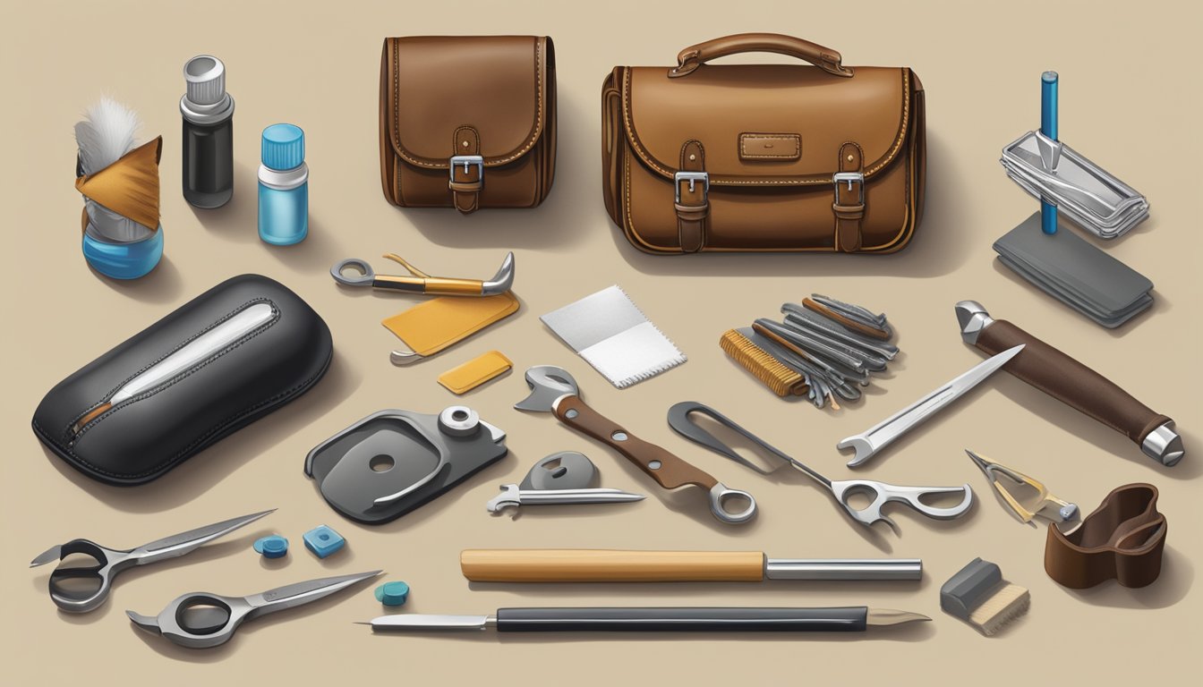 A leather repair kit displayed on a clean, well-lit table with various tools and products neatly organized around it. A sign reading "Frequently Asked Questions" is prominently placed next to the kit