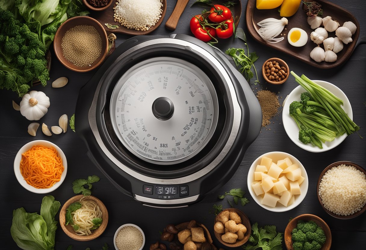 A steaming Instant Pot surrounded by various Chinese cooking ingredients and utensils. A recipe book open to a page of advanced techniques