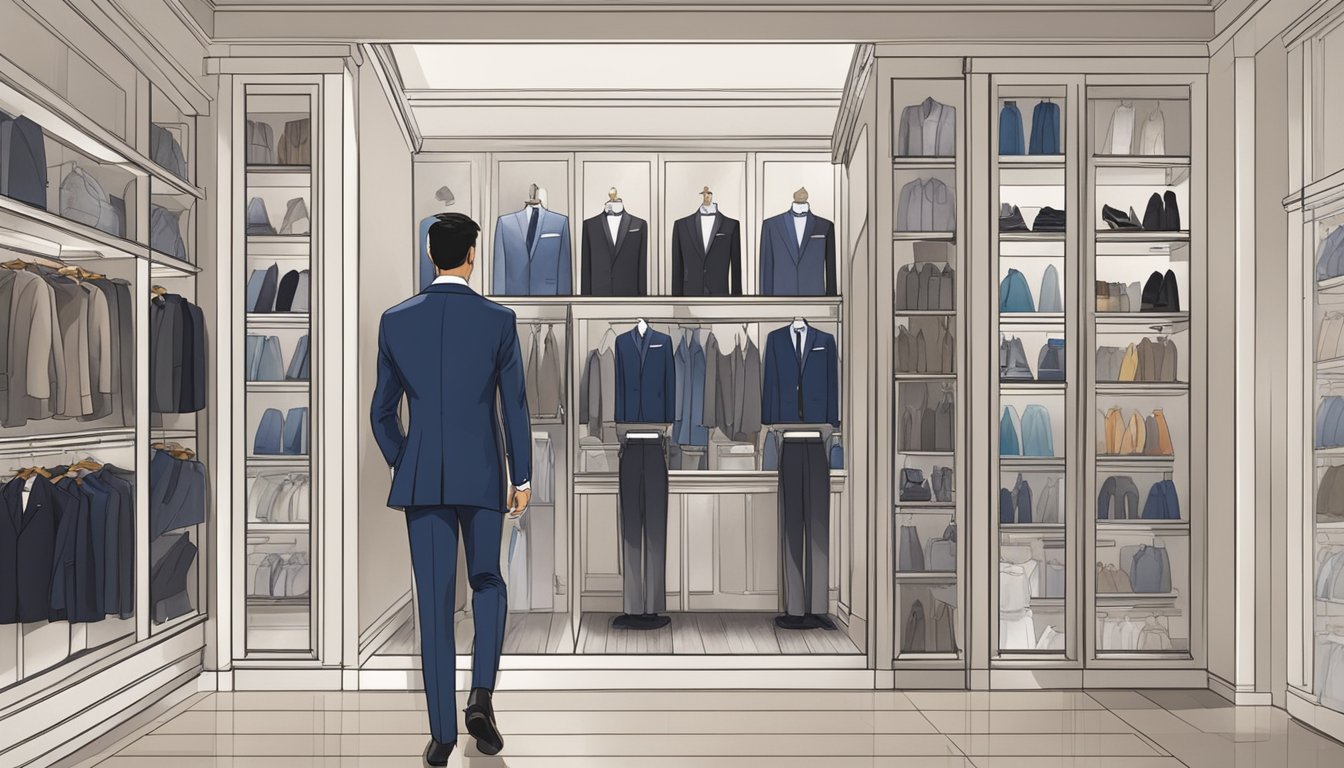 A well-dressed man entering a high-end boutique in Singapore, browsing through racks of tuxedos in various styles and colors