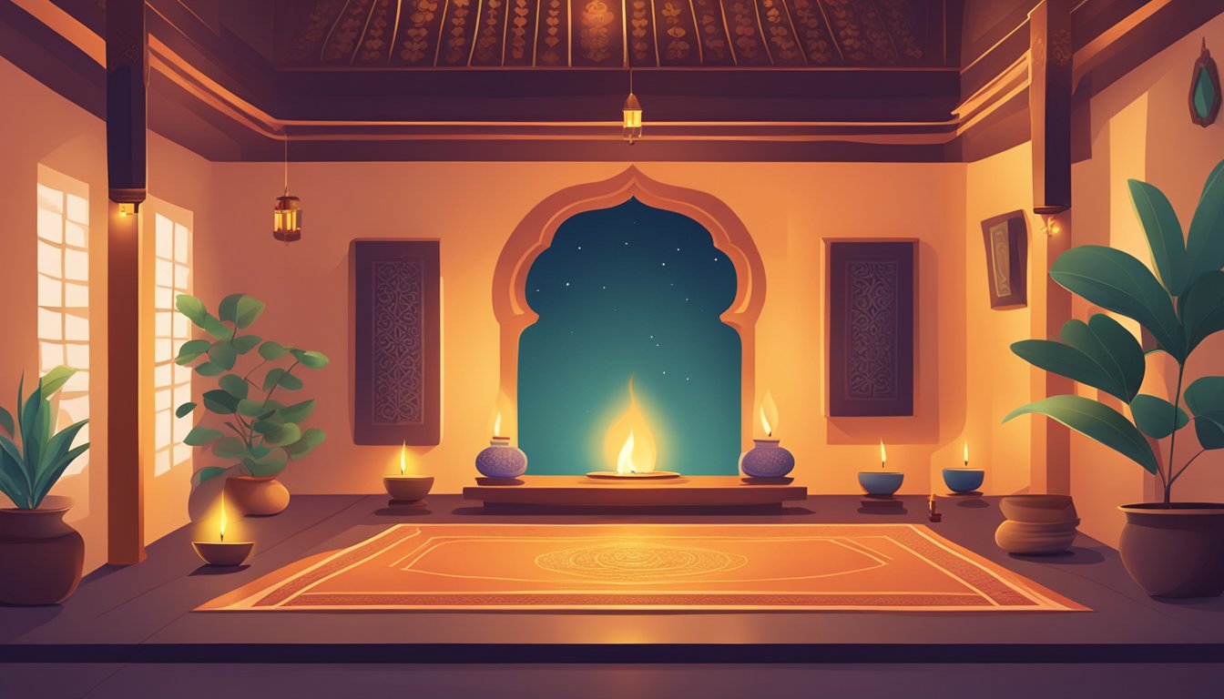 A serene pooja room with incense, a small altar, and flickering candles