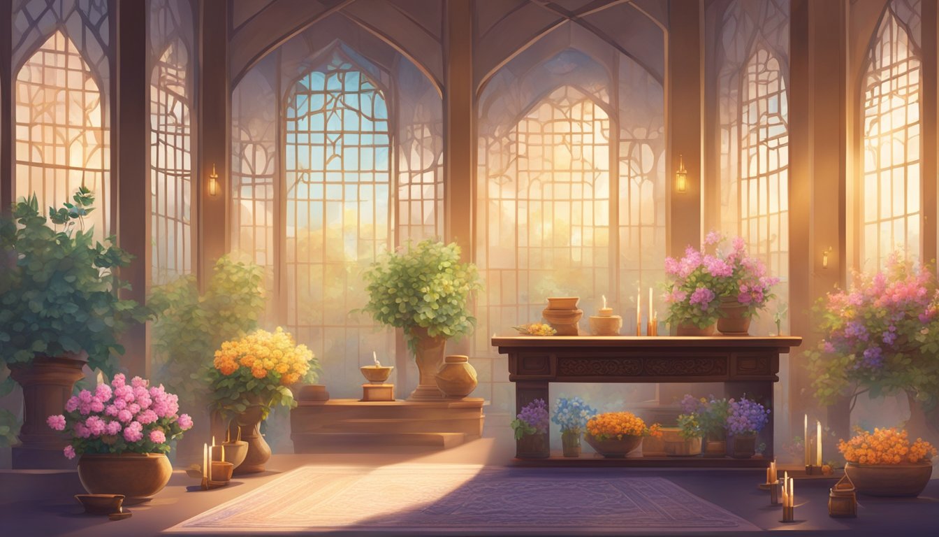 A serene, well-lit room with ornate shelves and a small altar. Aromatic flowers and incense fill the air, creating a peaceful ambiance