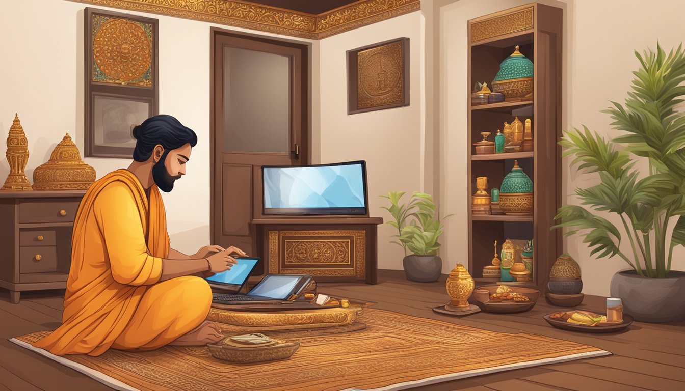 A person browsing online for Pooja Mandirs, with a computer or smartphone, surrounded by various options and images of traditional Hindu prayer room furniture