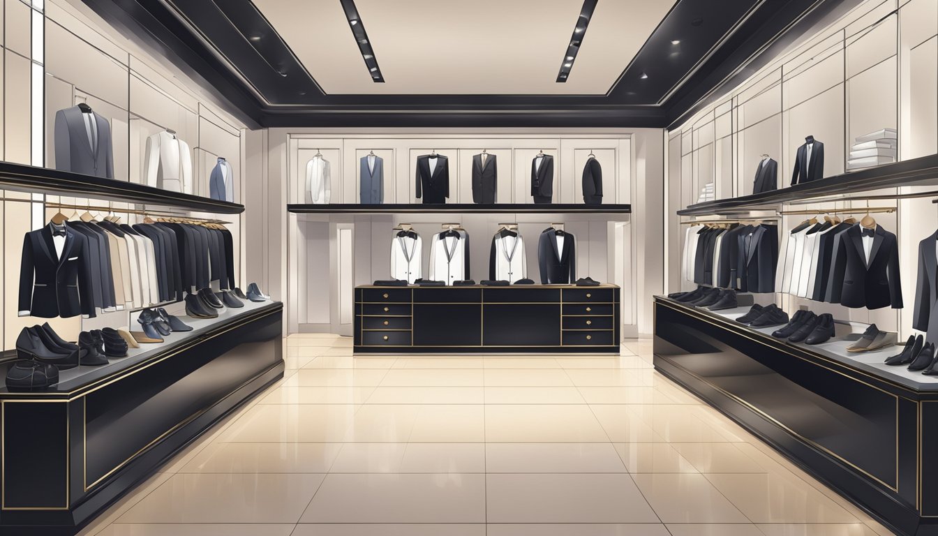 A luxurious tuxedo shop in Singapore, with rows of sleek suits, polished shoes, and elegant accessories on display