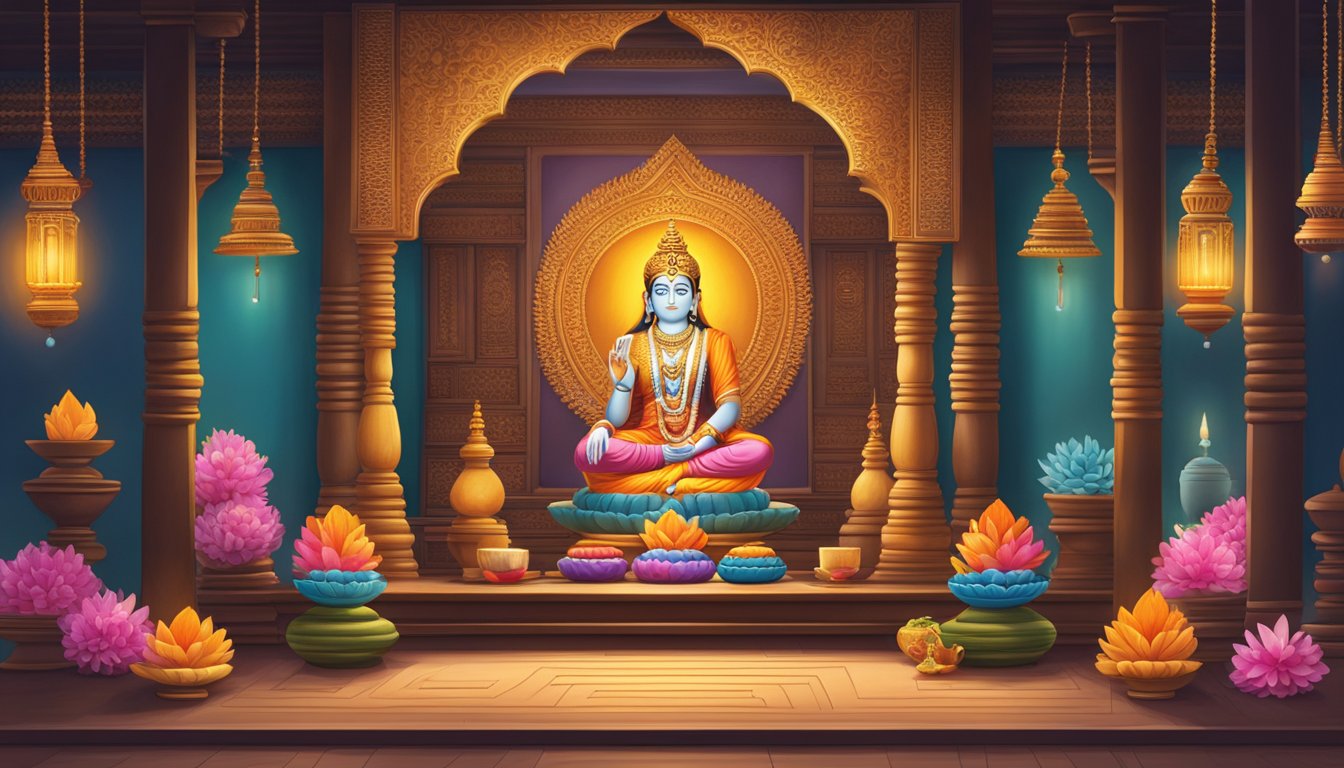 A serene, well-lit pooja room with colorful decor and sacred idols, available for purchase online