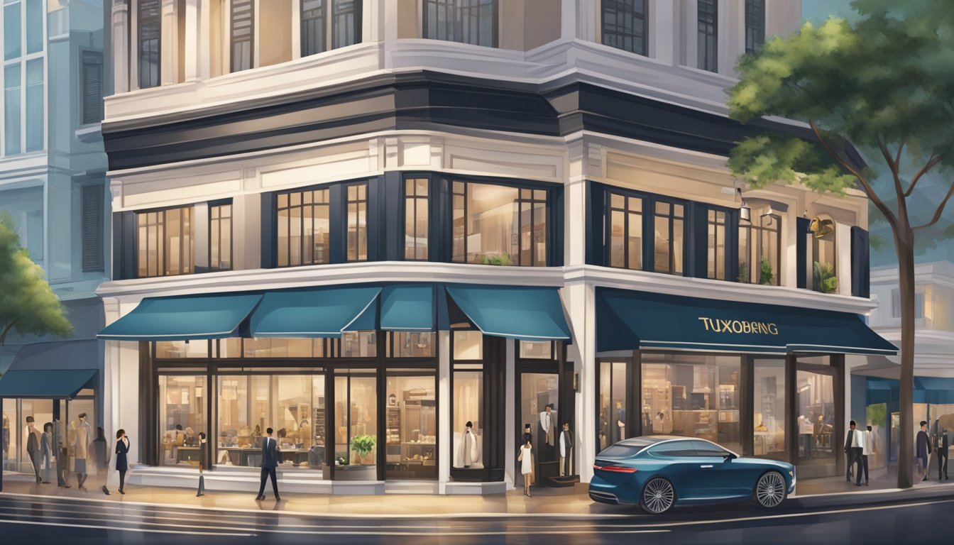 A sleek, modern storefront with elegant tuxedos on display, surrounded by bustling streets and high-end shops in downtown Singapore