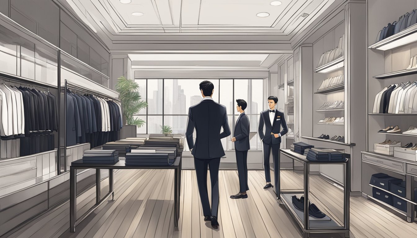 A well-dressed man browsing through racks of tuxedos in a stylish boutique in Singapore. The shop is filled with elegant suits and accessories, and the man is surrounded by attentive sales staff