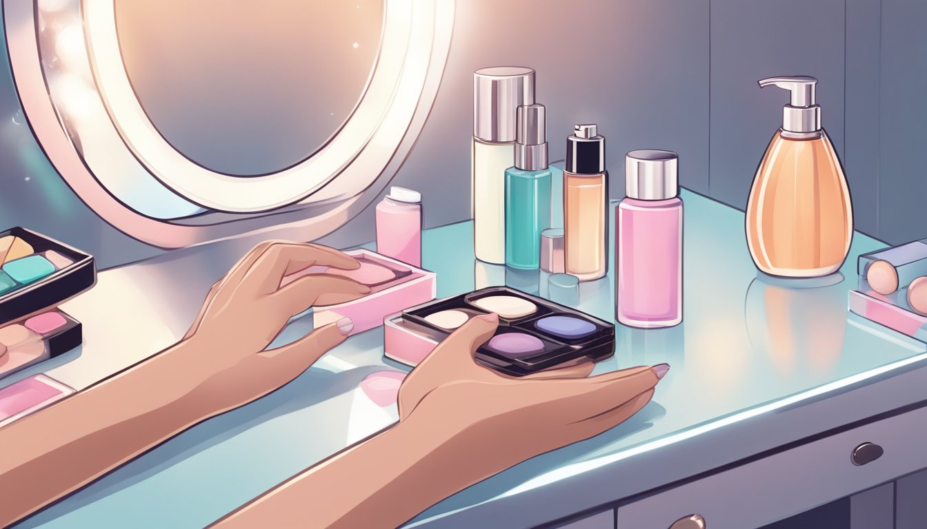A hand reaches for a bottle of makeup remover on a clean, organized vanity table, with soft lighting and a mirror in the background