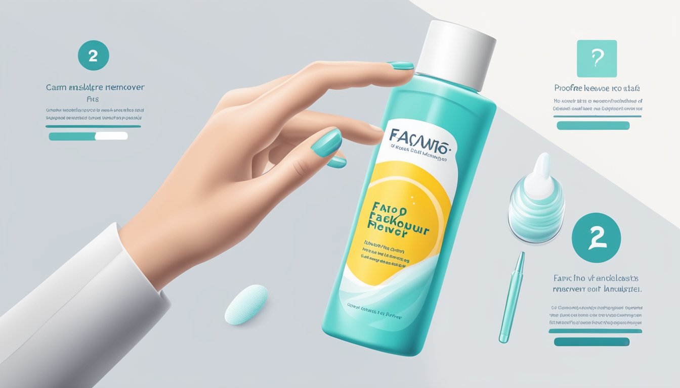 A hand reaching for a bottle of makeup remover on a clean, white background with FAQ text in the background