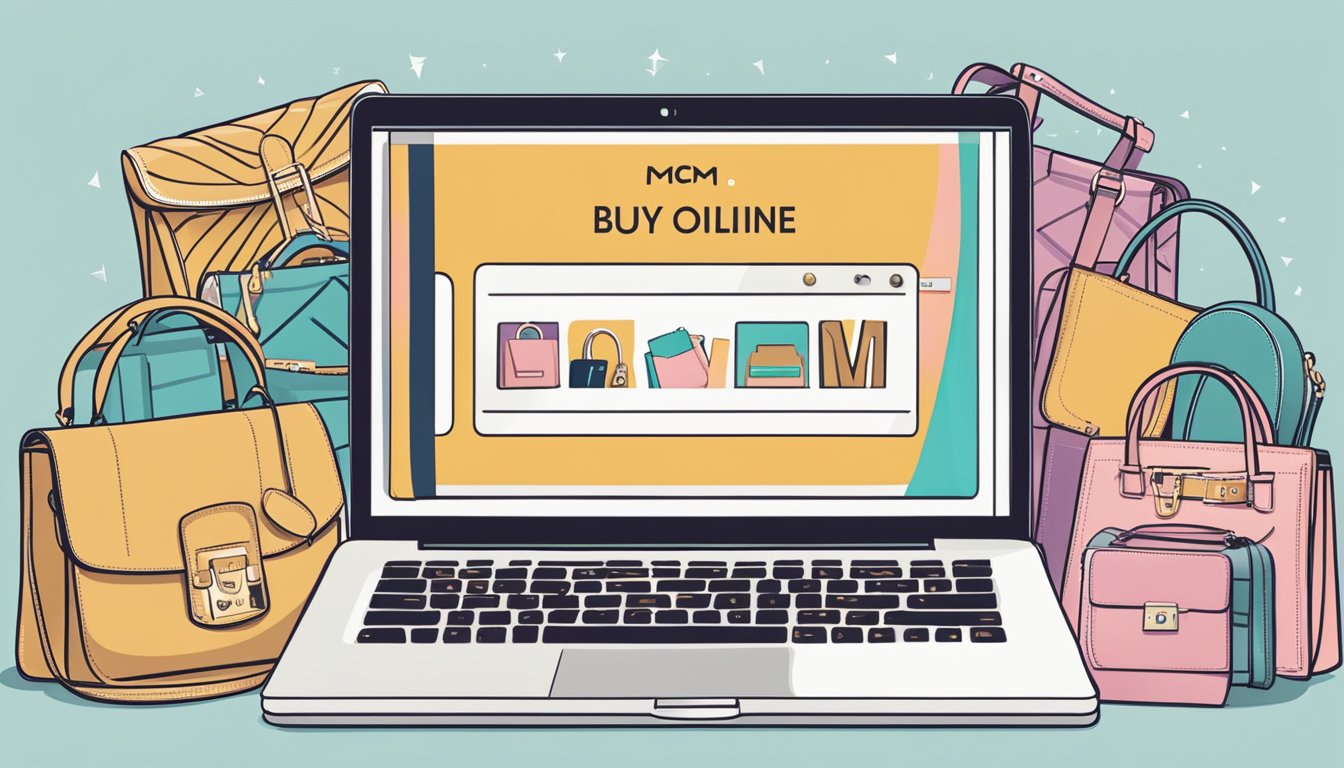 A laptop displaying a website with "buy mcm online" in bold letters, surrounded by various luxury handbags and accessories