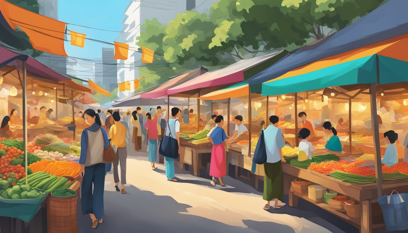 A bustling street market in Singapore, with vibrant displays of traditional Vietnamese costumes. Bright colors and intricate patterns catch the eye of passersby