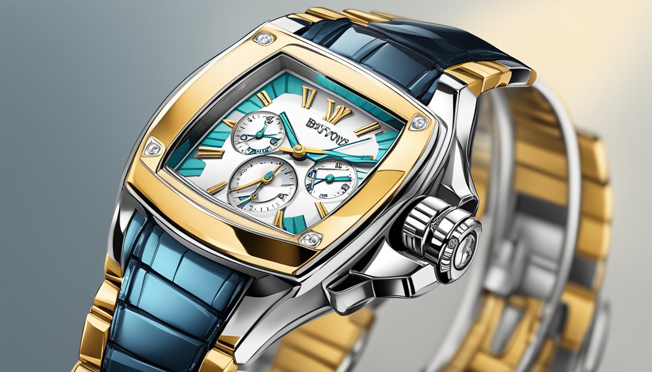 A luxurious watch displayed on a sleek, modern website interface with a secure "buy now" button prominently featured