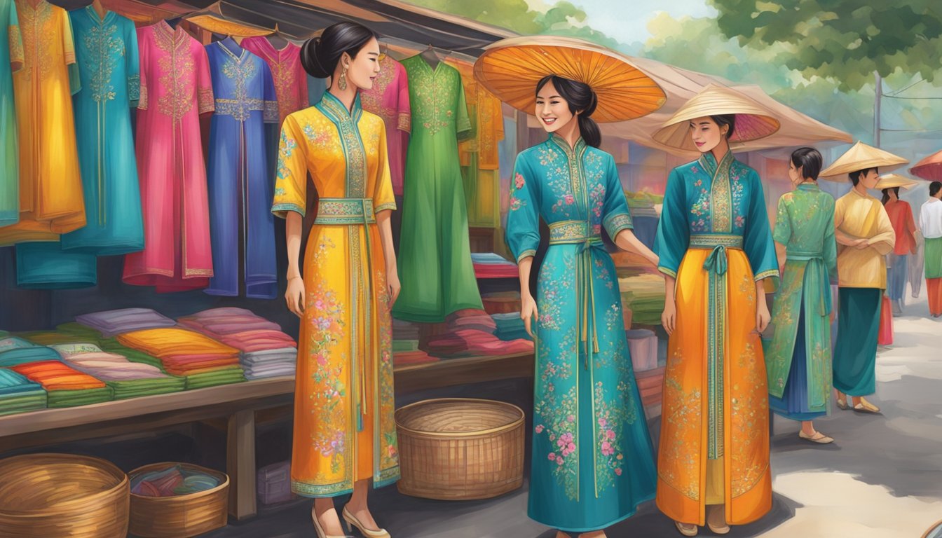 Vibrant Vietnamese costumes displayed in a Singaporean market stall. Bright fabrics and intricate embroidery catch the eye of passersby