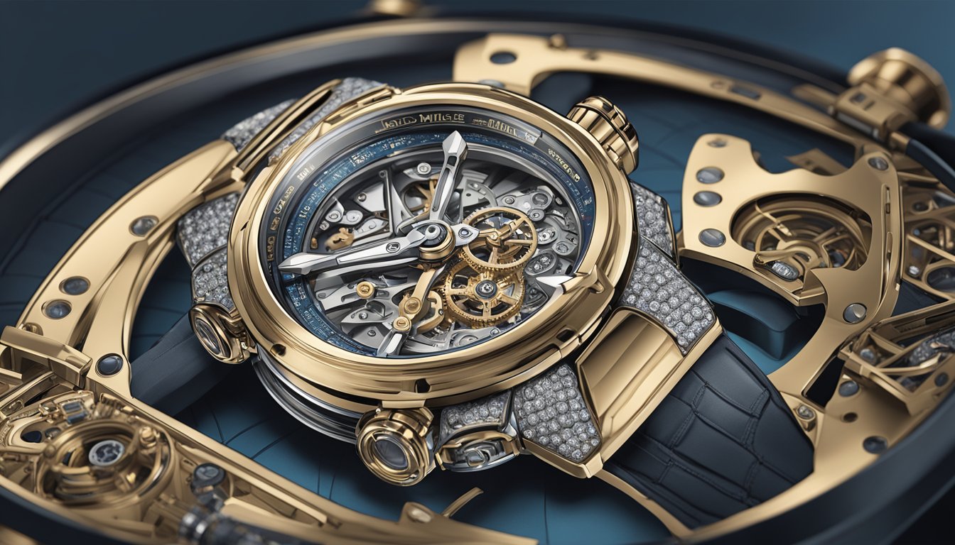 A luxurious watch being delicately crafted with precision tools and intricate details, showcasing Richard Mille's exquisite craftsmanship