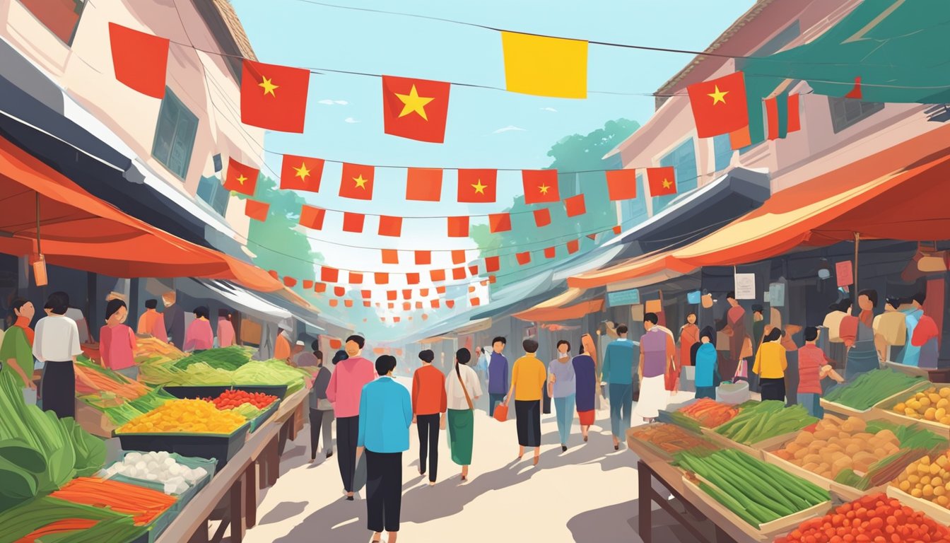 A bustling Vietnamese market with colorful traditional costumes on display. Shop signs in Vietnamese and Singaporean flags. Crowd of shoppers browsing