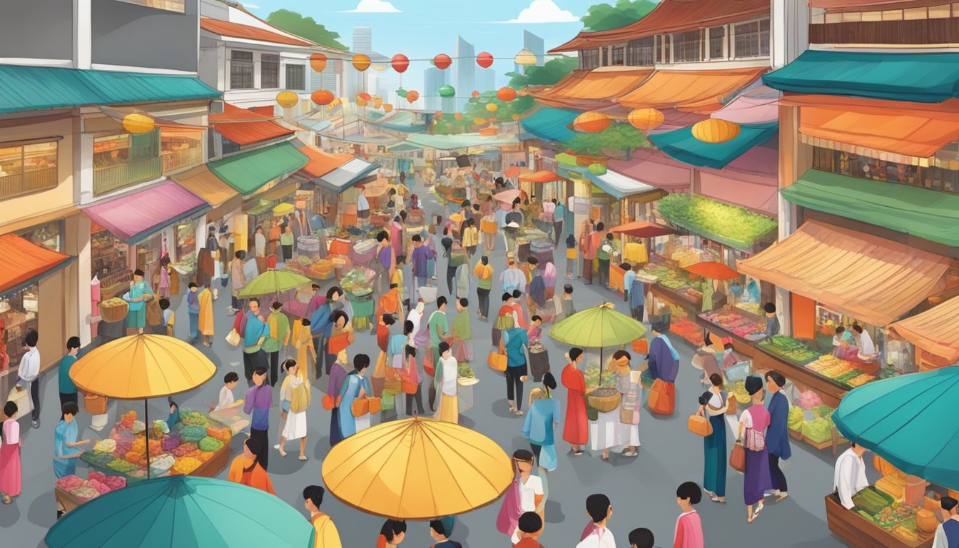 A bustling marketplace with colorful Vietnamese costumes on display, surrounded by eager shoppers in Singapore