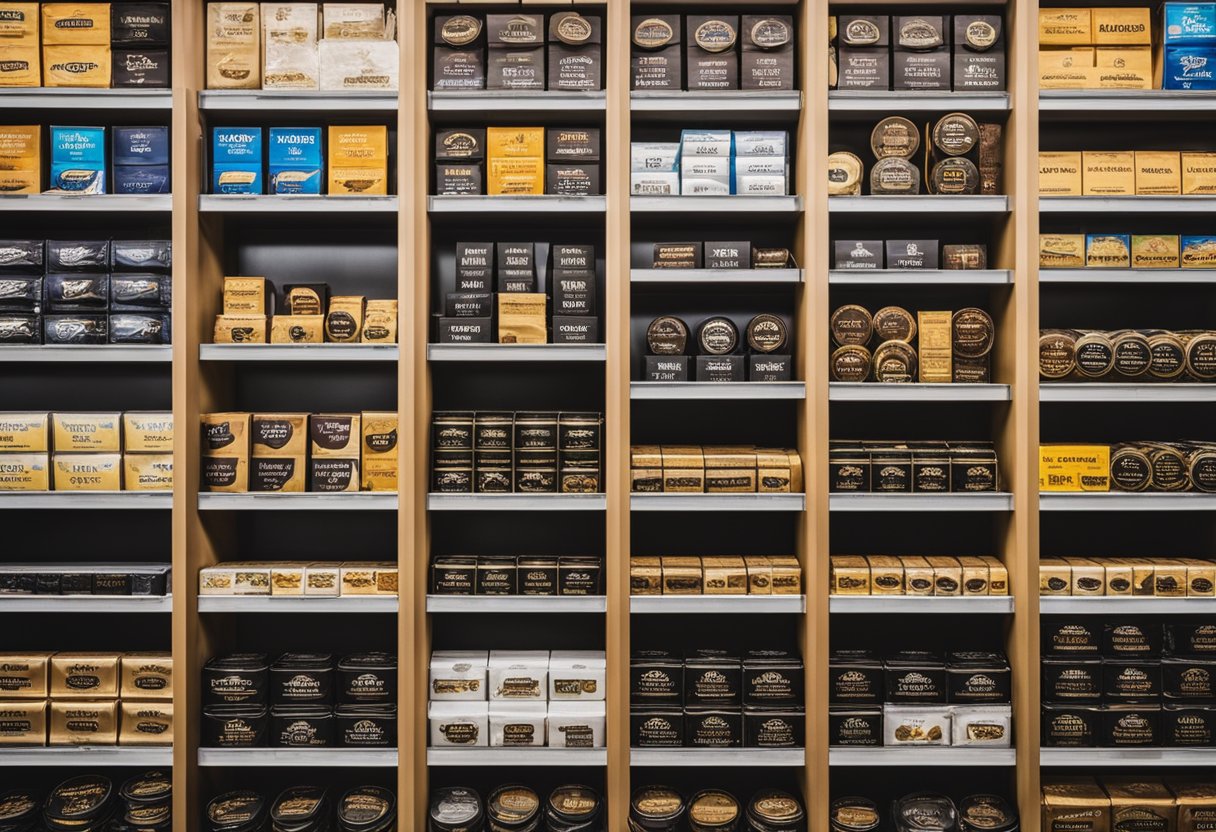 A display of various snus brands and flavors on shelves in a tobacco store