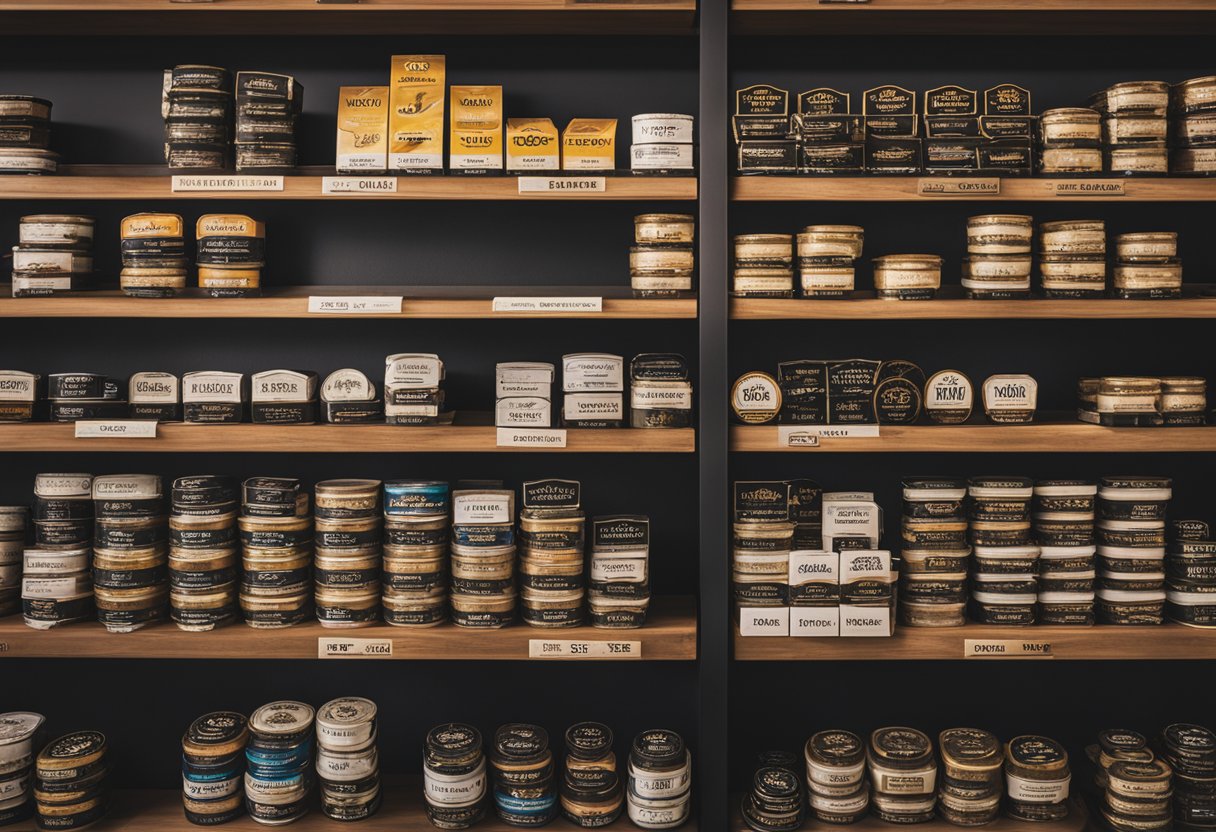 A display of various snus brands and flavors on shelves at a tobacco shop, with clear signage indicating "Where to buy snus" and "How to Choose the Right Snus."