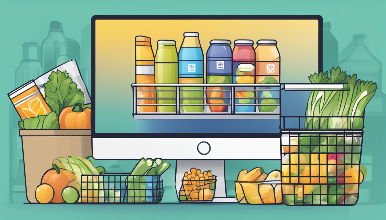 Sheng Siong logo displayed on a computer screen with various grocery items and a shopping cart icon for online purchase