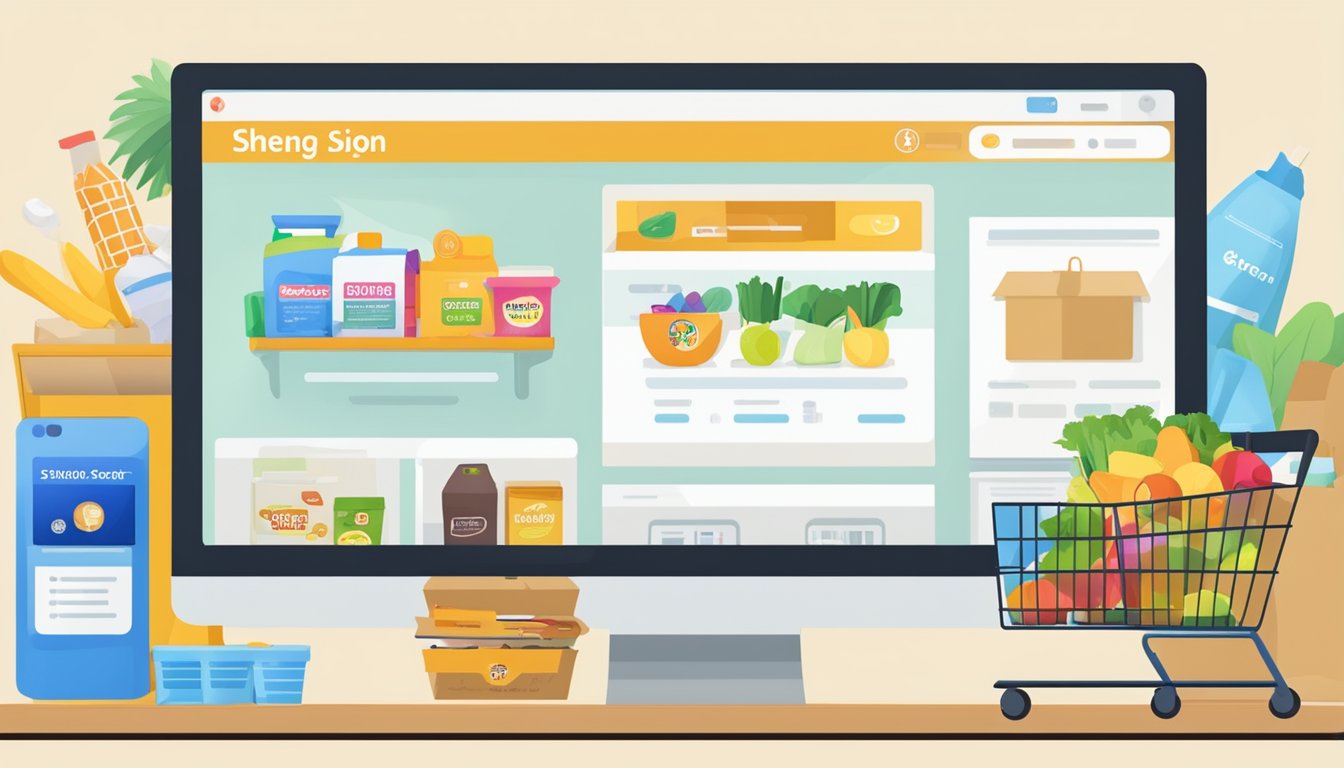 A computer screen displaying the Sheng Siong Online website, with a variety of groceries and household items in a virtual shopping cart
