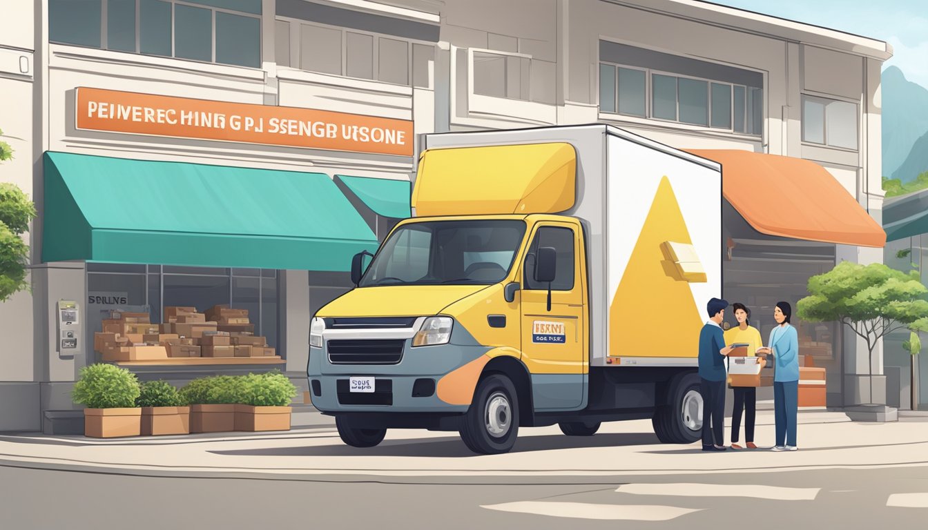 A delivery truck parked outside a Sheng Siong store, with a customer service representative assisting a customer with their online purchase