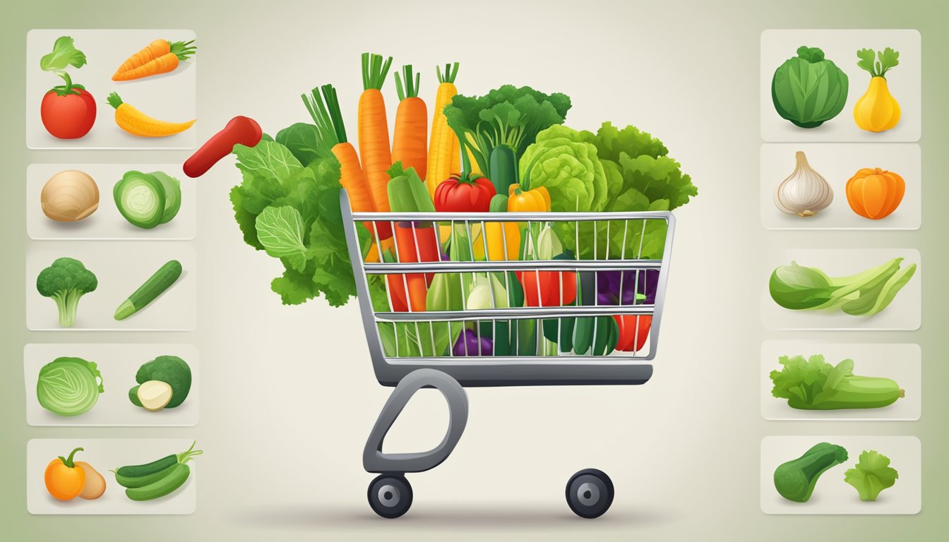 Fresh organic vegetables displayed in an online shopping cart, with a "buy now" button highlighted