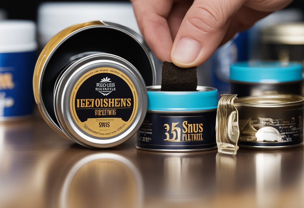 A hand reaching for a tin of snus, opening it, and placing a portion under the upper lip. An empty tin and used portion pouches scattered nearby
