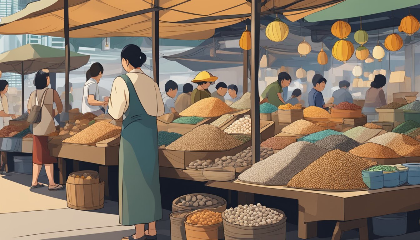 A bustling market stall displays various whetstones in Singapore