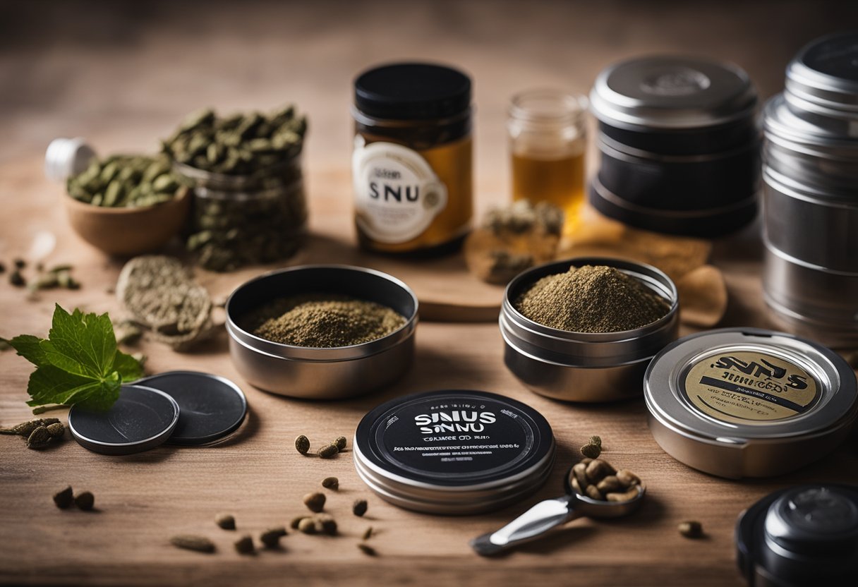 A table with snus ingredients and tools, a person reading a snus-making guide, and a small container filled with freshly made snus