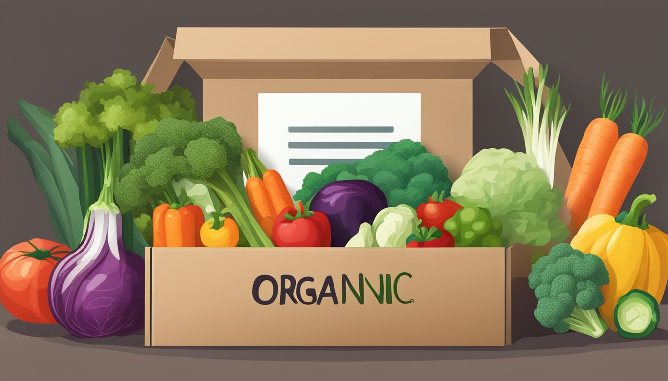 A colorful array of organic vegetables displayed in a cardboard box, with the words "Organic Box" written on the side. A computer or smartphone with an online shopping website is visible in the background