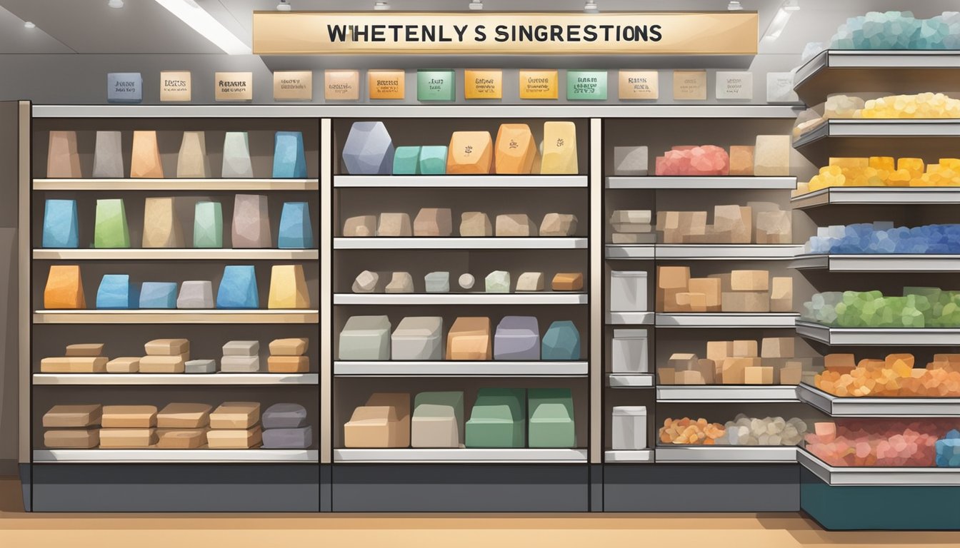 A display of various whetstones on shelves in a well-lit store in Singapore. Clear signage indicates "Frequently Asked Questions" and "Where to buy whetstone."