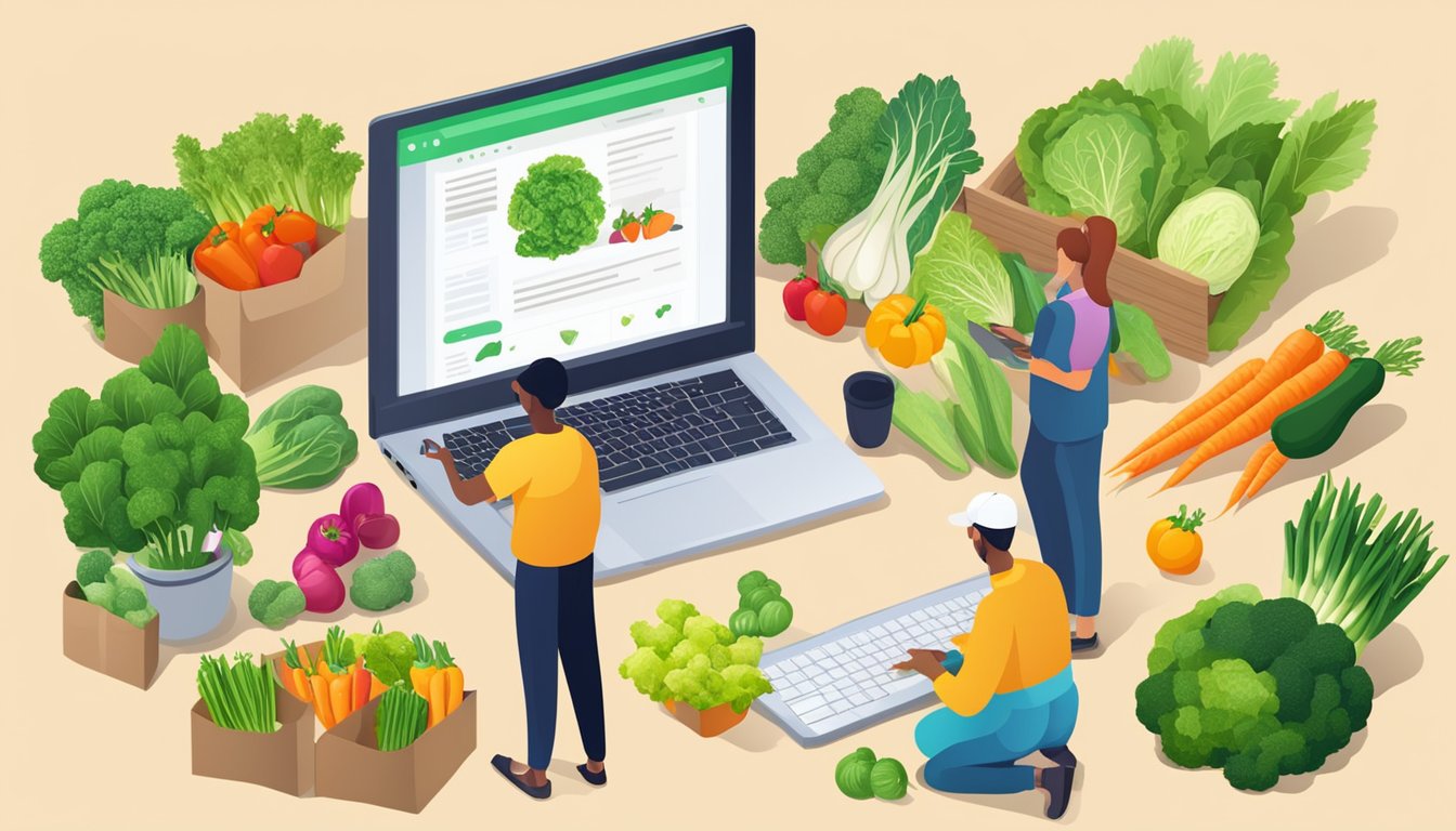 Customers typing questions on a laptop, surrounded by fresh vegetables and a computer screen showing an online organic vegetable store