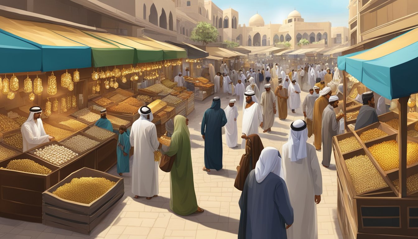 A bustling market in Dubai, with glittering gold jewelry displayed in ornate cases and vendors haggling with customers over prices