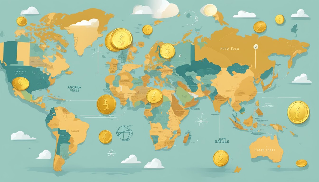 A world map with highlighted countries and a gold coin next to a list of FAQs